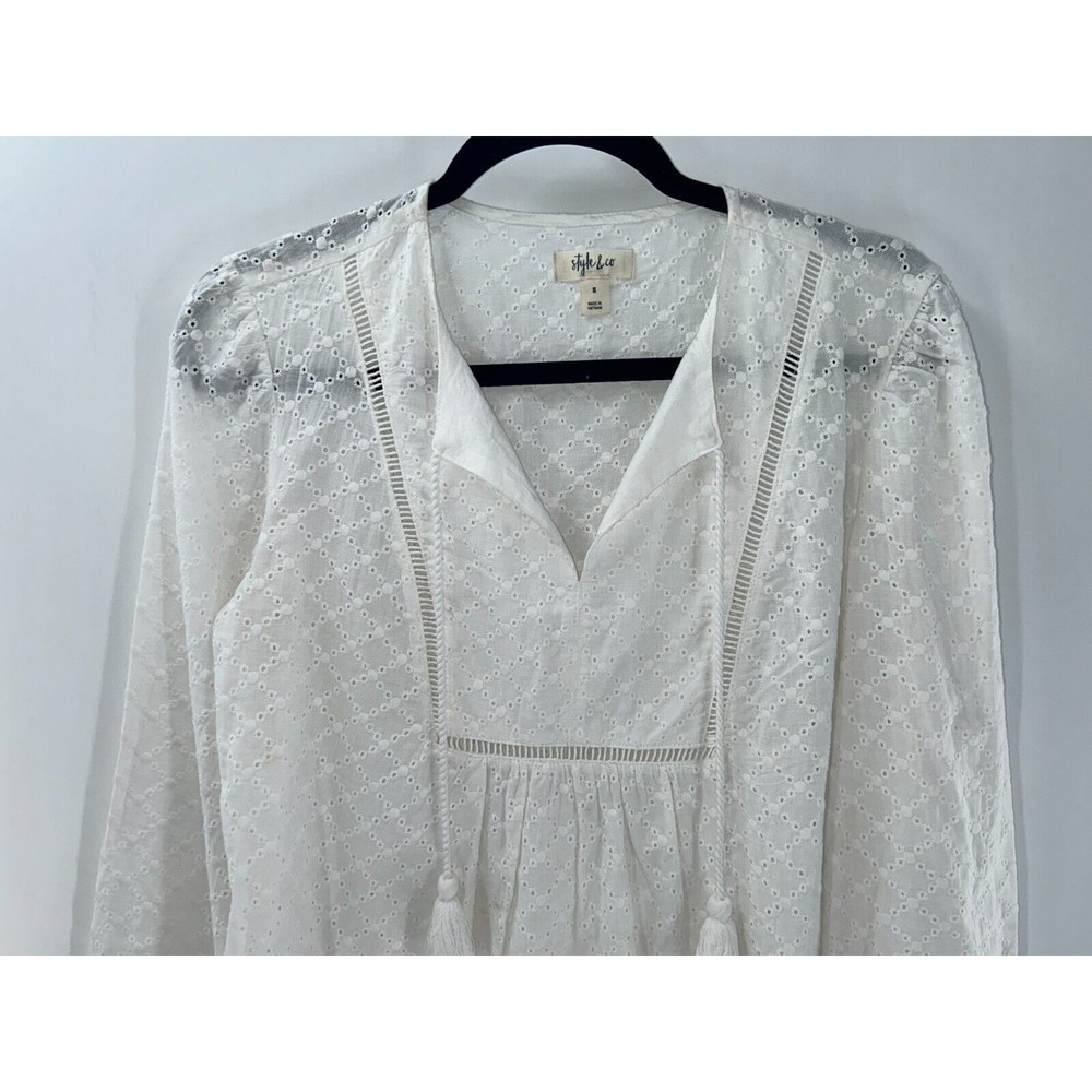 Women's Style and Co White Eyelet Peasant Long Sleeve Top Size S - Picture 2 of 7